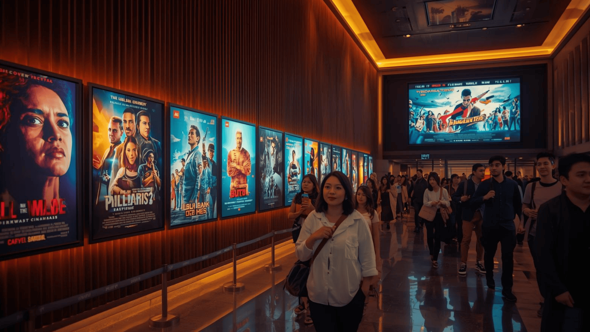 Poster film box office terbaru di lobi bioskop modern Indonesia